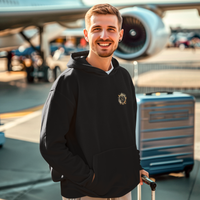 homme devant un avion vêtu d'un Sweat à capuche Talisman Céleste noir