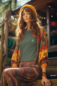 une femme  dans une tenue inspirée par l'esthétique des années 80 et portant un t-shirt Doux Destin Taureau brodé